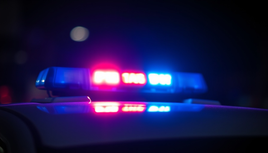 Police car flashing lights in urgent alert, dim background.