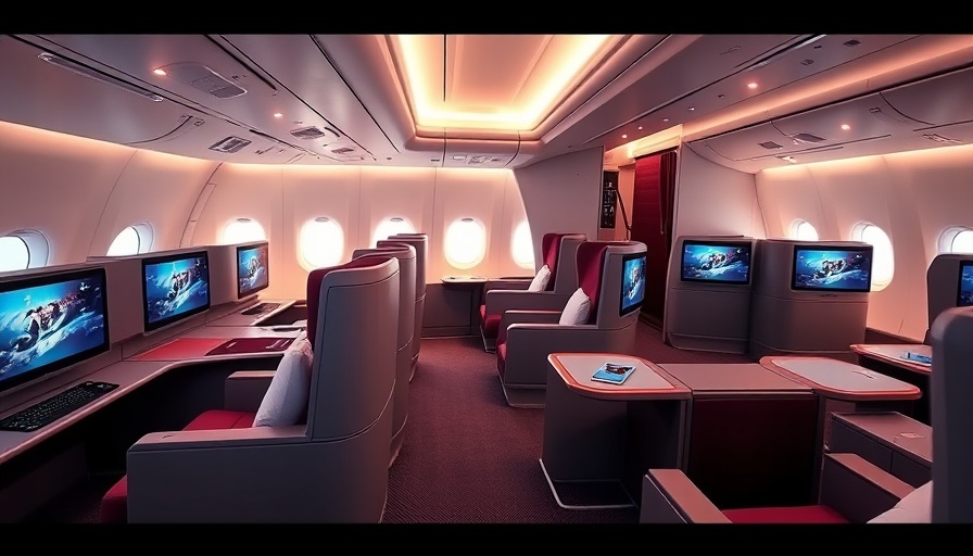 Luxurious Qatar Airways Qsuites with plush seating and screens.