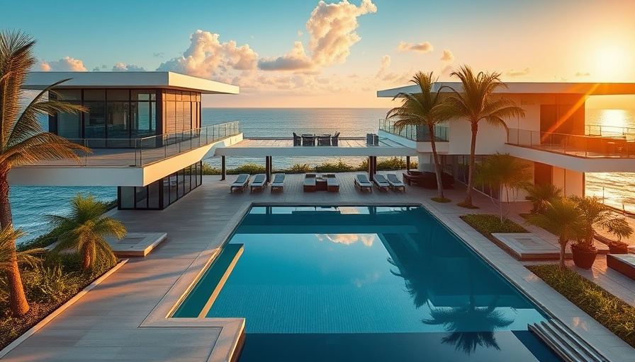 Florida luxury real estate: modern beachfront mansion at sunset.
