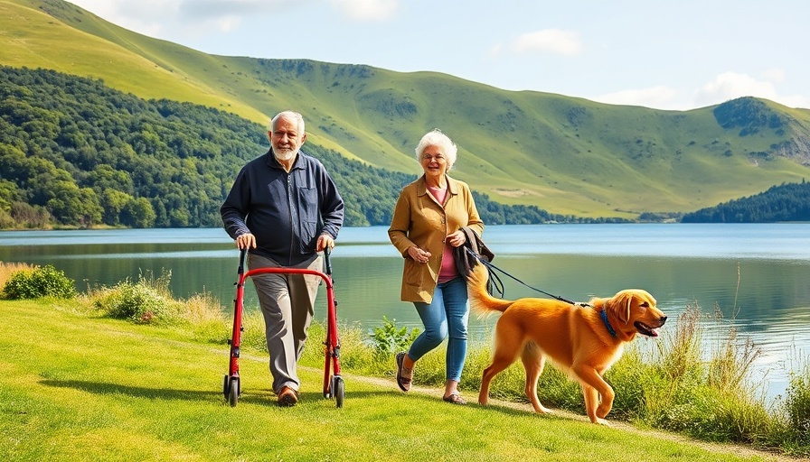 Elderly couple with rollator walker and dog by a lake, highlighting Rollator Walkers for Seniors.