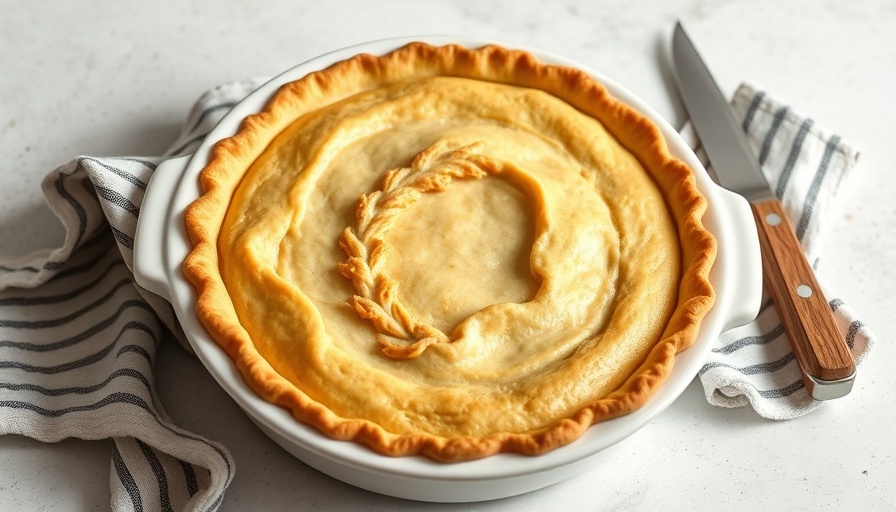 Golden high-protein pie crust in a ceramic dish with knife and cloth.