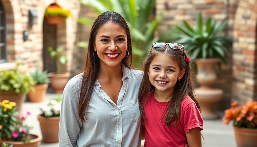 Smiling woman and child in courtyard, weekend getaways for family connection.