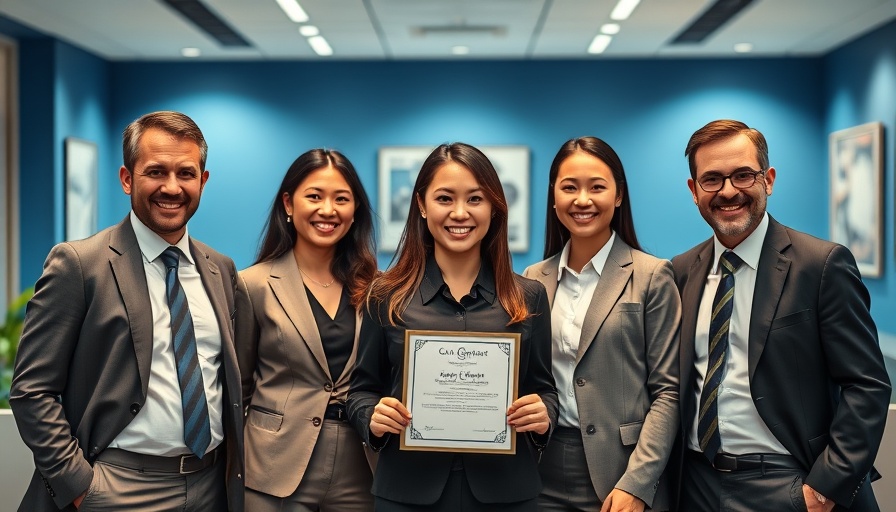 Business professionals in an office, woman-centered with certificate, Miami-Dade bank.