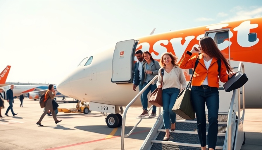 EasyJet passengers boarding at Southend base, daytime airport scene.