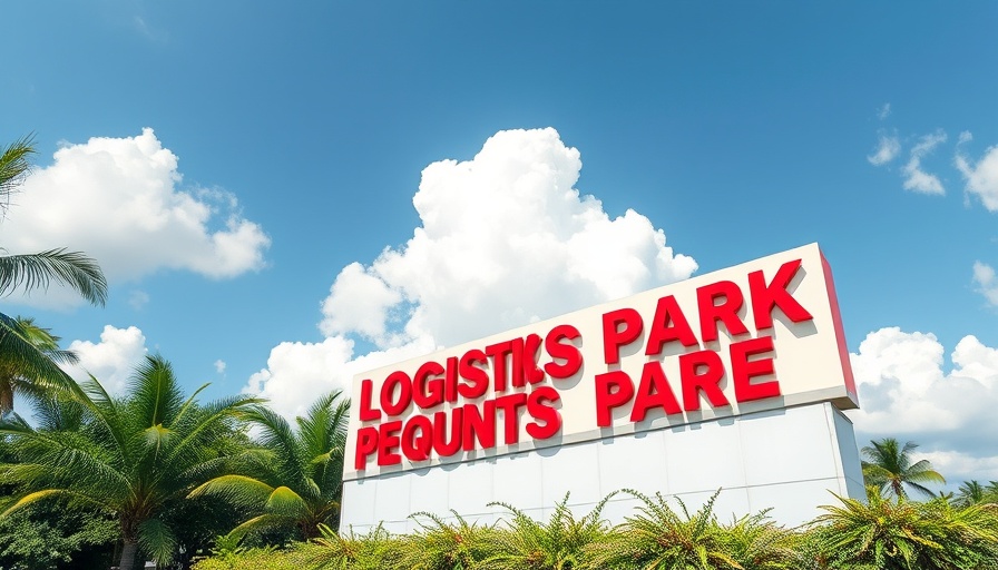 Miami-Dade warehouse purchase sign with clear sky and greenery.