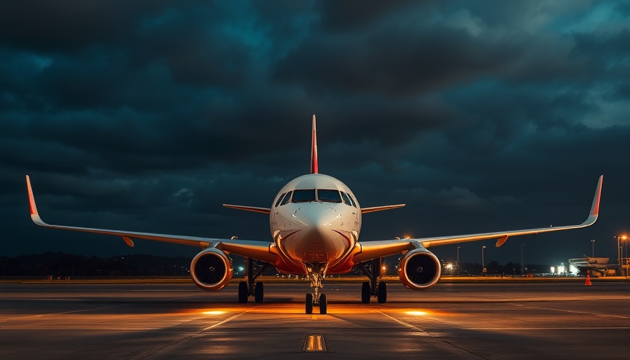 Commercial airplane grounded on tarmac at night, Miami airport aircraft seizure.
