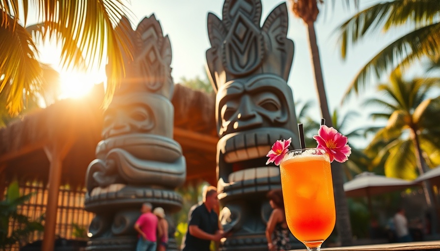 Vintage Tiki culture scene in Florida with tiki statue and pavilion.