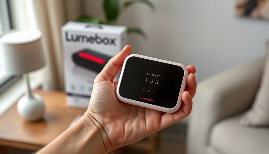 Compact Lumebox red light therapy device held in hand, packaging visible.