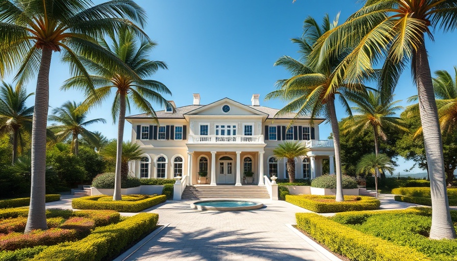 Palm Beach mansion with lush greenery and sunny driveway