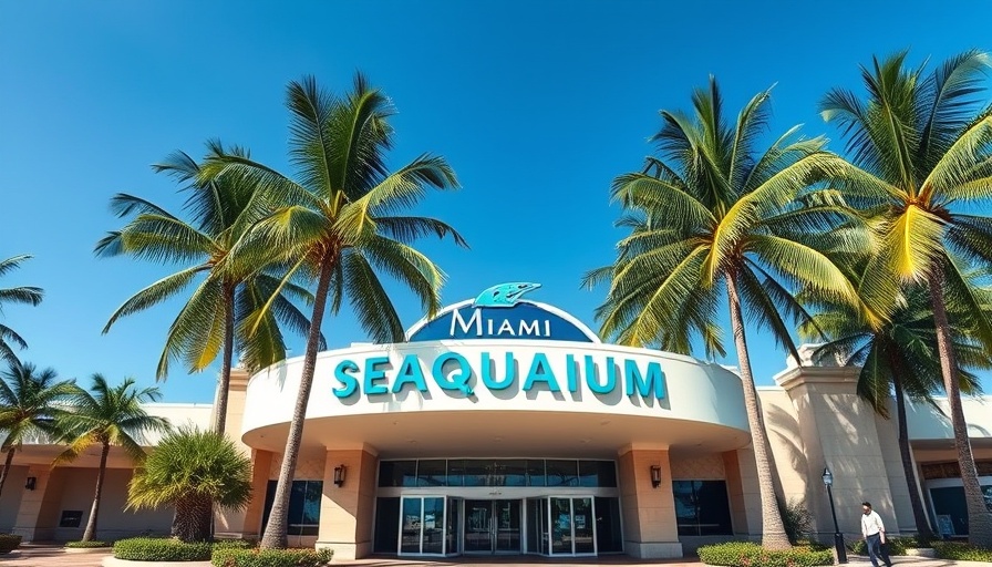 Miami Seaquarium entrance with clear sky and palm trees.