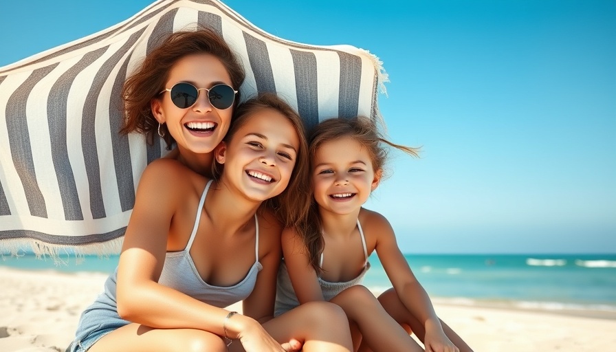 Ikos Grand Resort beach scene with woman and girl smiling under towel.