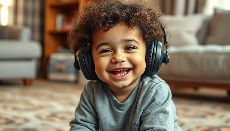 Happy toddler with headphones, safeguarding your baby's hearing indoors.