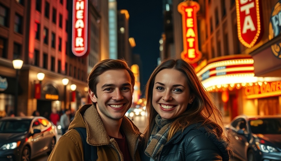 Nighttime city street with smiling couple enjoying the ambiance.