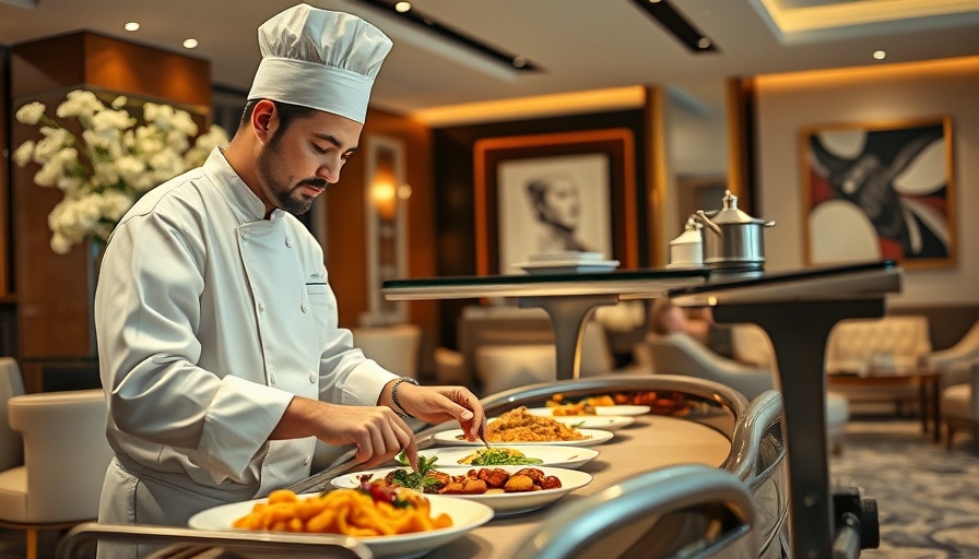 Chef preparing gourmet meals in hotel elite status lounge with elegant decor.