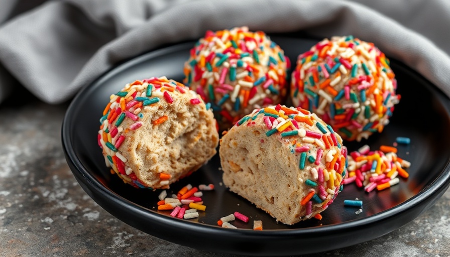Colorful cake batter protein balls with sprinkles, close-up.