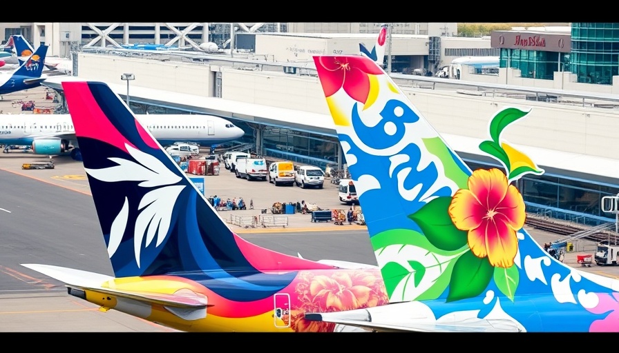 Alaska and Hawaiian Airlines plane tails at airport.