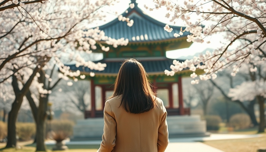 Woman exploring Korean pavilion, blossom trees in park; travel to South Korea with points and miles.