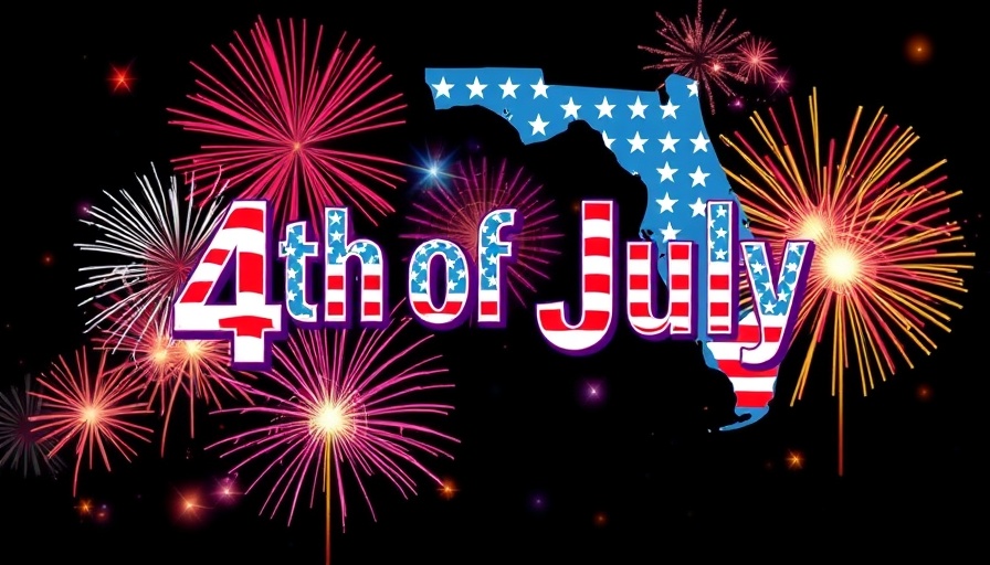 Festive 4th of July 2025 graphic with fireworks and Florida outline.