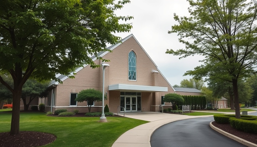 Broward church property with entrance awning under cloudy skies.