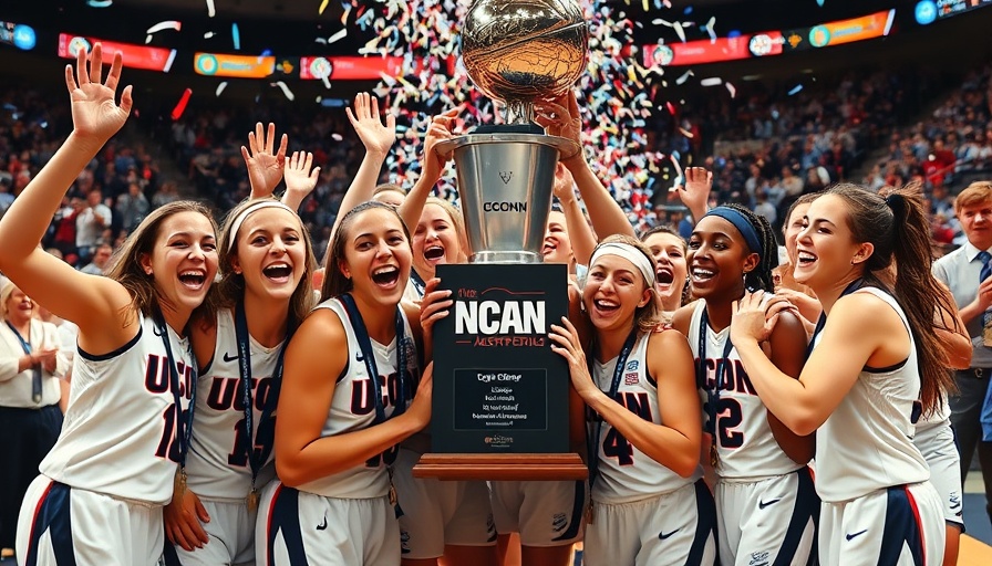 UConn players celebrating the NCAA women's basketball title with trophy and confetti.