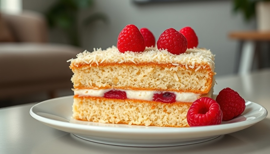 Coconut Layer Cake with Fresh Raspberries topped with creamy frosting.
