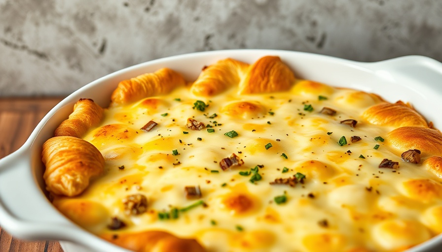 Egg and croissant breakfast casserole with melted cheese in a baking dish.