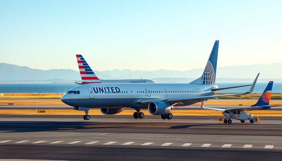 United Airlines plane taxiing on runway, with scenic mountain and sea backdrop.