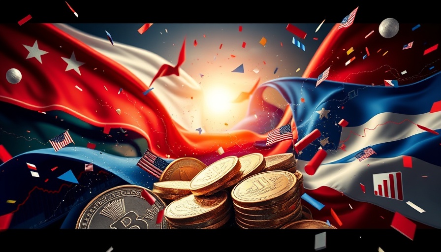 Abstract political symbols and currency, dynamic composition.