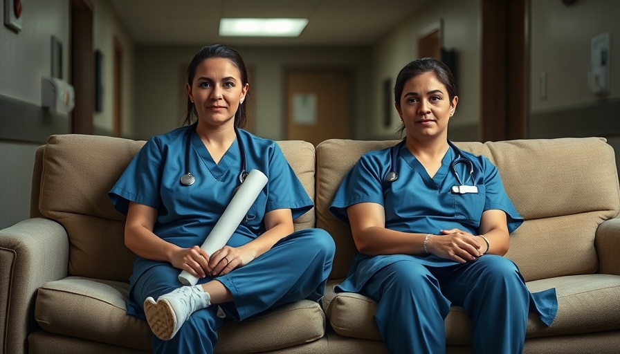Nurses in scrubs sitting with serious expressions, related to health concerns.