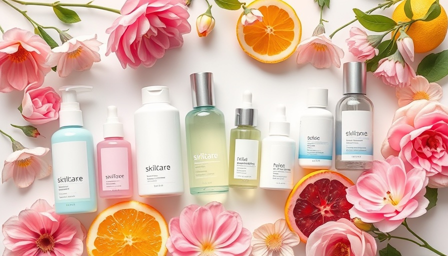 Vibrant skincare products with pastel flowers and fruit.
