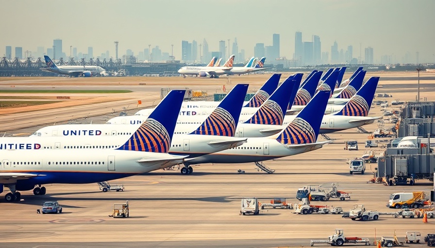 United Airlines planes parked at airport terminal, busy scene.