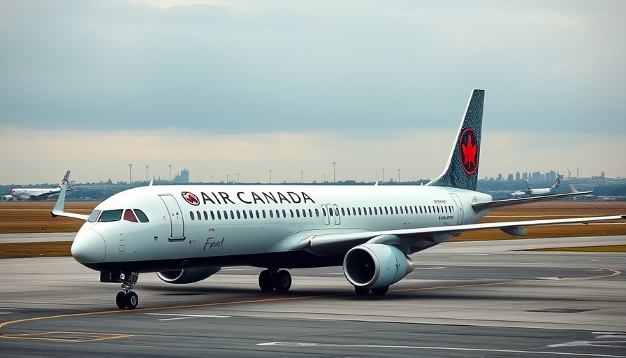 Air Canada new cabin Airbus A220 on tarmac with city in background