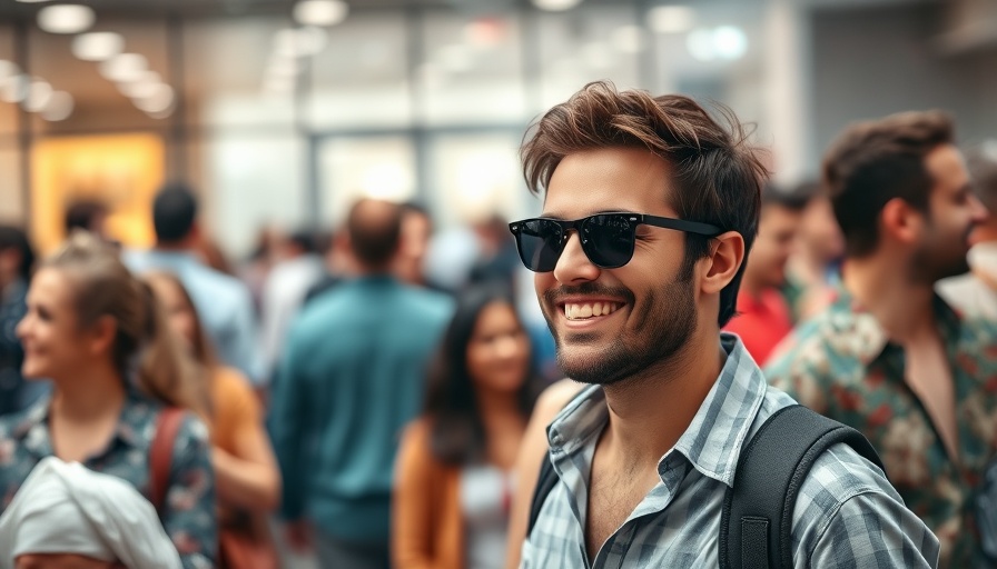 Crowd scene with casual man in sunglasses smiling at event.