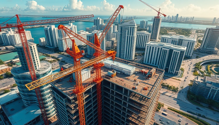 Miami Beach hotel construction loan site with cranes and skyline.