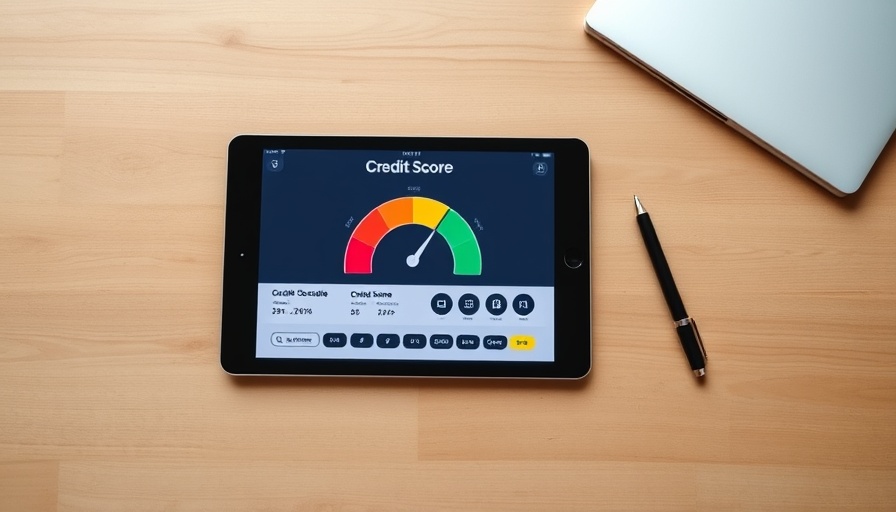 Tablet displaying credit score on desk. Credit reporting agencies banks use.