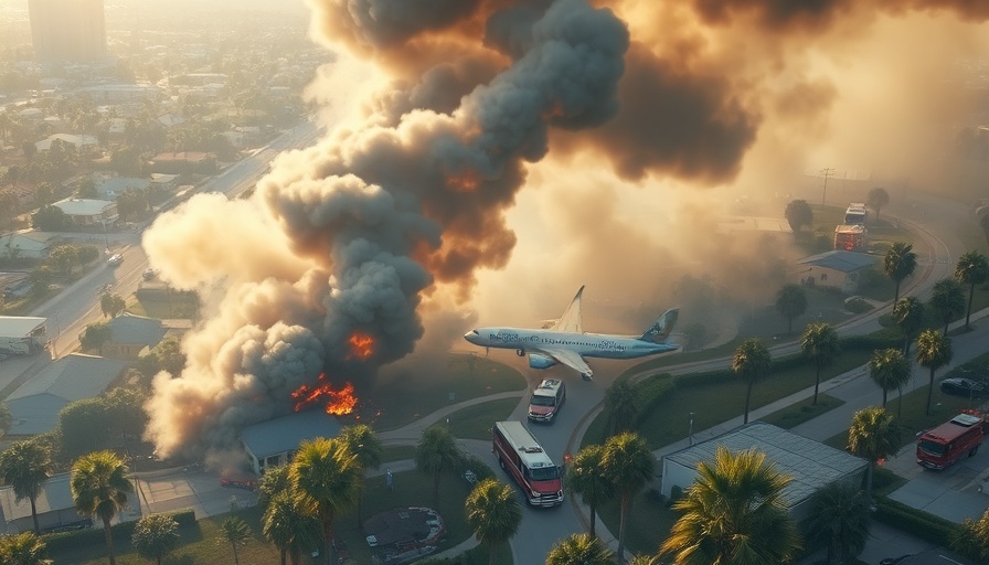 Plane crash scene in Boca Raton with palm trees and smoke.