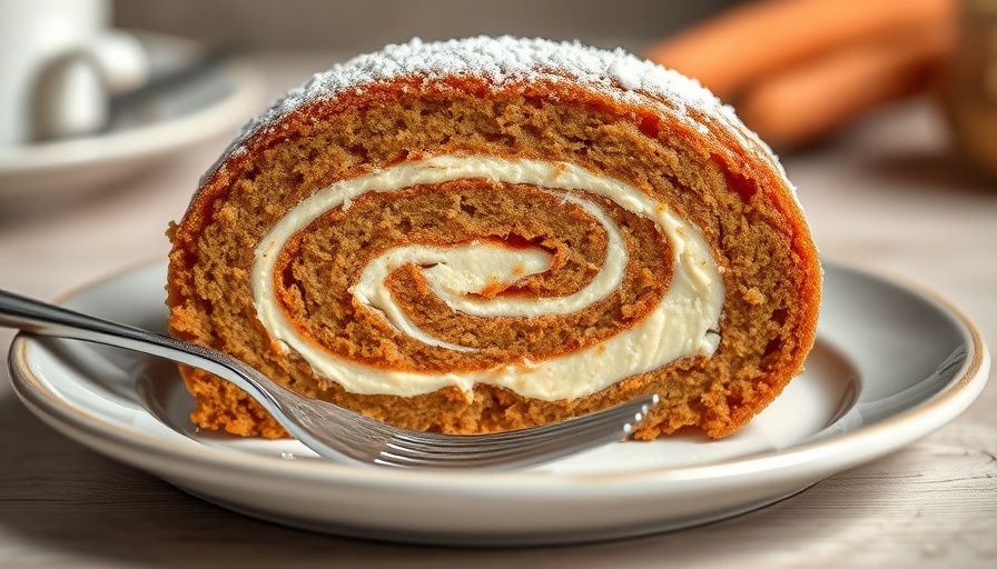 Protein carrot cake roll slice with creamy swirl on plate.
