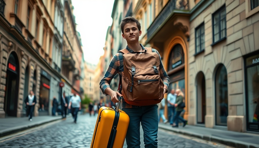 Traveler exploring a European city street with luggage.