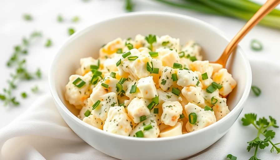 Cottage cheese egg salad with herbs and onions in a white bowl