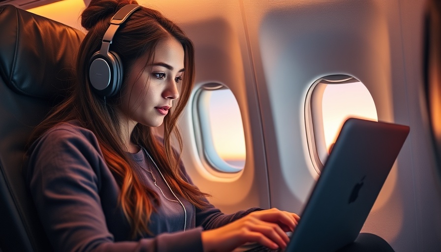 Young woman using laptop on flight at sunset.