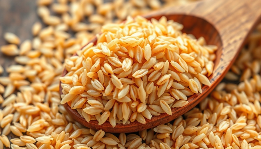 Close-up of brown rice on a wooden spoon, showing texture and detail.
