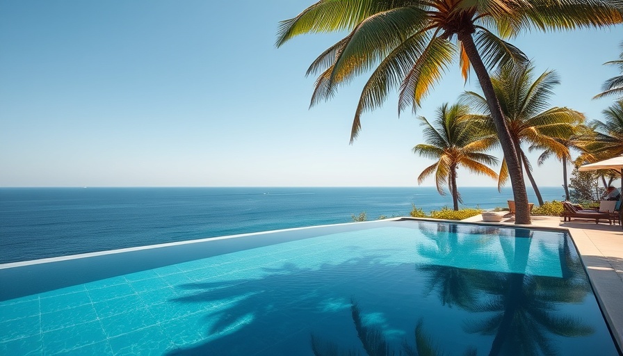 Tropical infinity pool and ocean view with palm trees