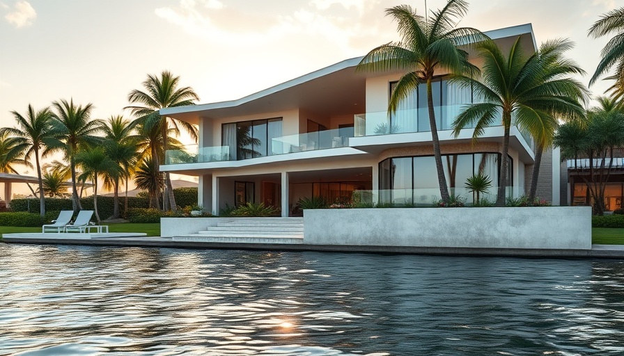 Luxurious Waterfront North Bay Road home with palm trees and glass windows in sunlight.