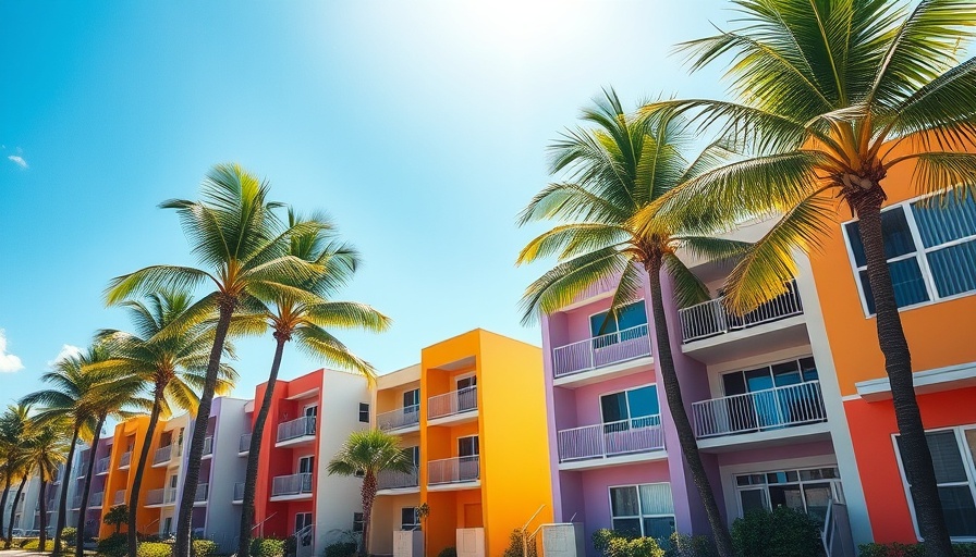 Affordable housing in Miami under sunny blue sky with palm trees.
