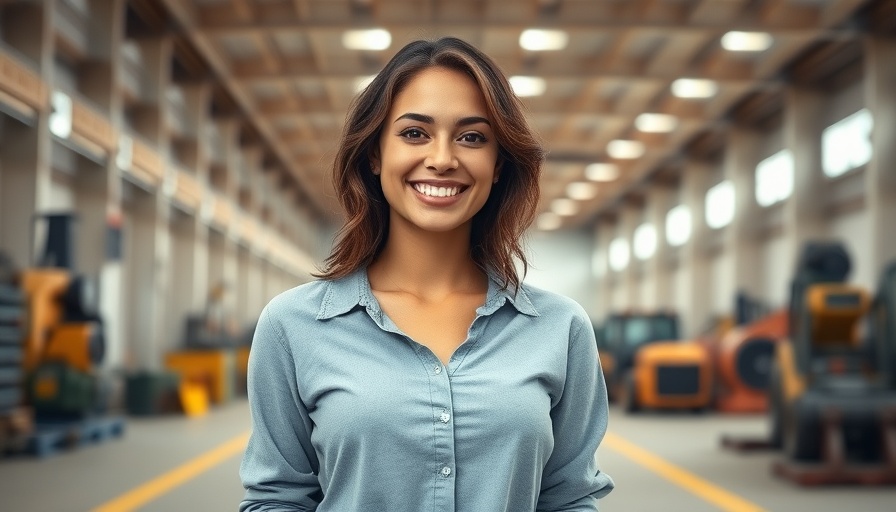 Confident woman in industrial setting, environmentally friendly seawalls concept.