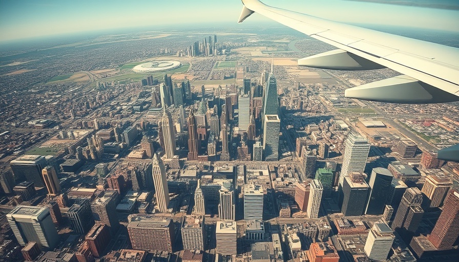 Aerial city view from airplane, depicting urban landscape, free inflight Wi-Fi credit cards.