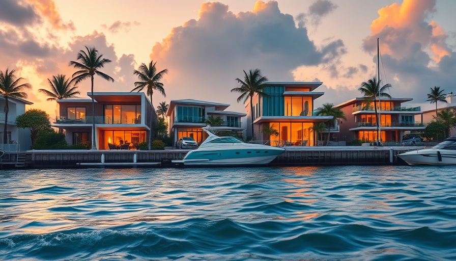 Modern Miami Beach real estate reflecting over water at sunset