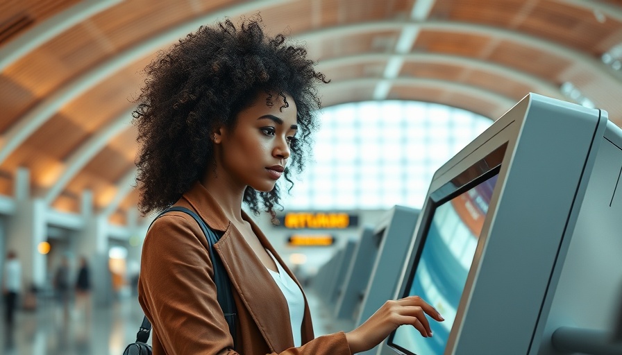 Woman using airport kiosk in modern terminal, best travel credit cards.