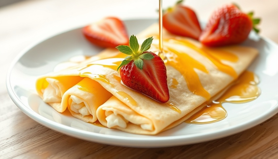 Blended cottage cheese crepes with strawberries and syrup.