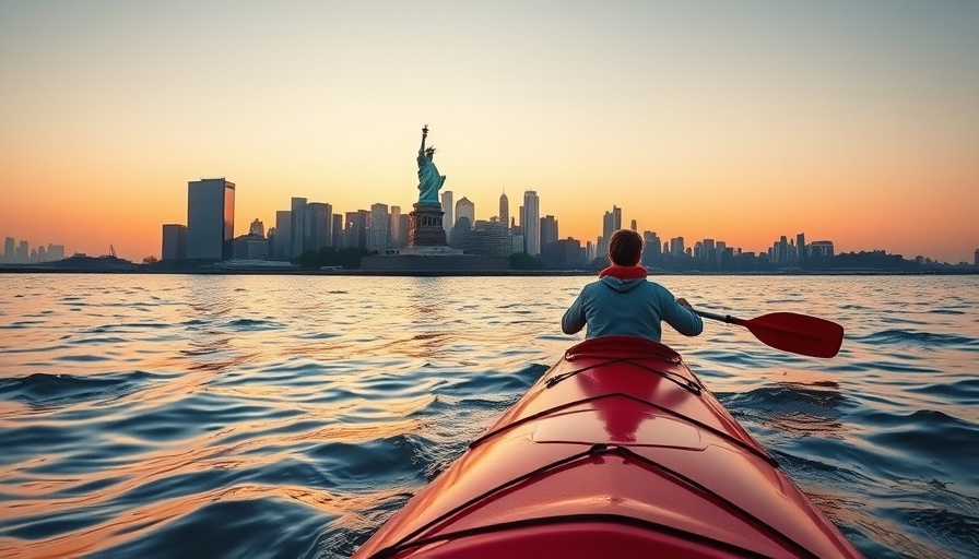 Woman kayaking near Statue of Liberty during sunrise.